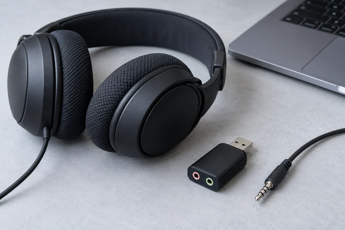 Unbranded over-ear headphones and a compact audio adapter on a desk.