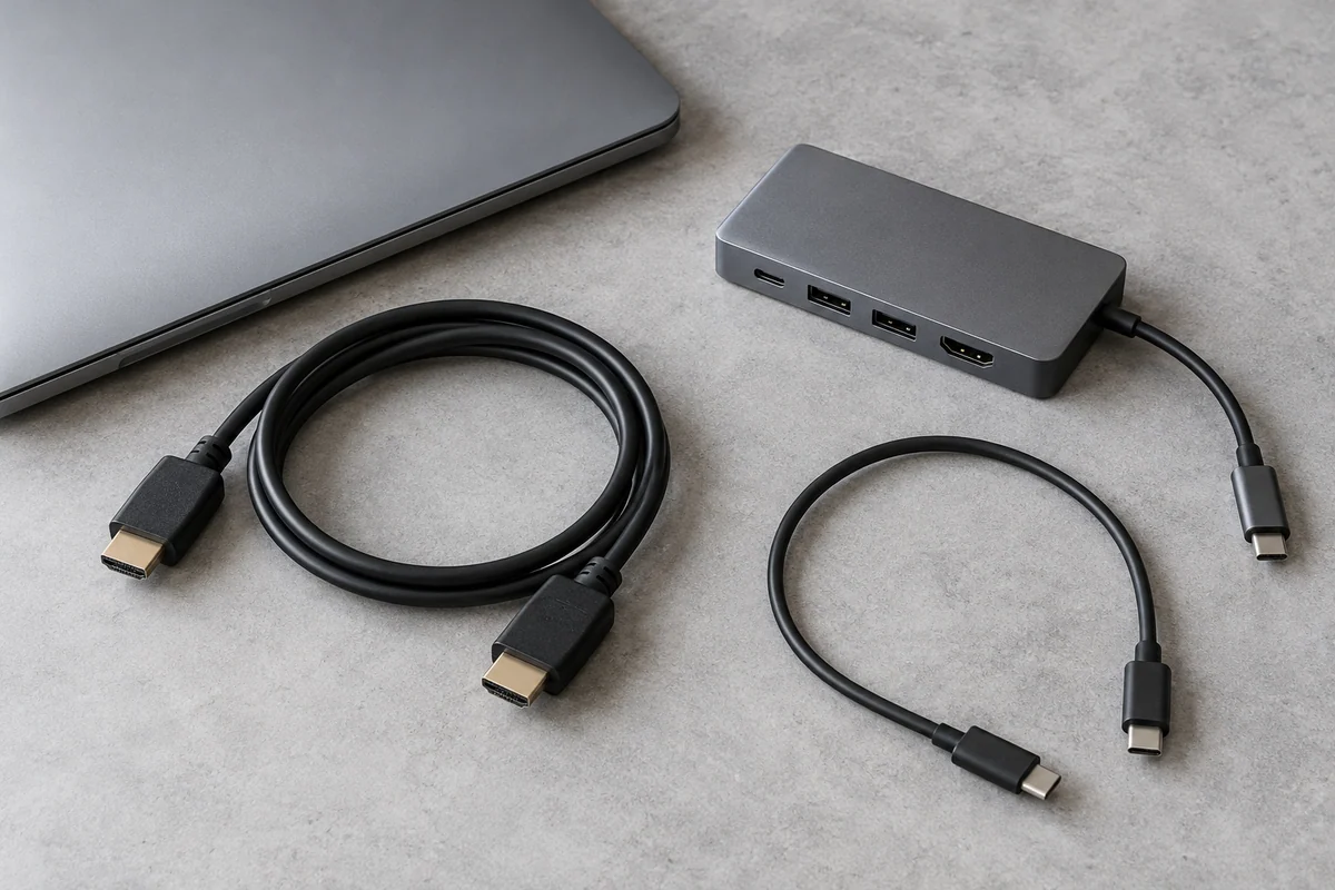 Unbranded cables and adapters arranged on a desk for an illustrative connection checklist.