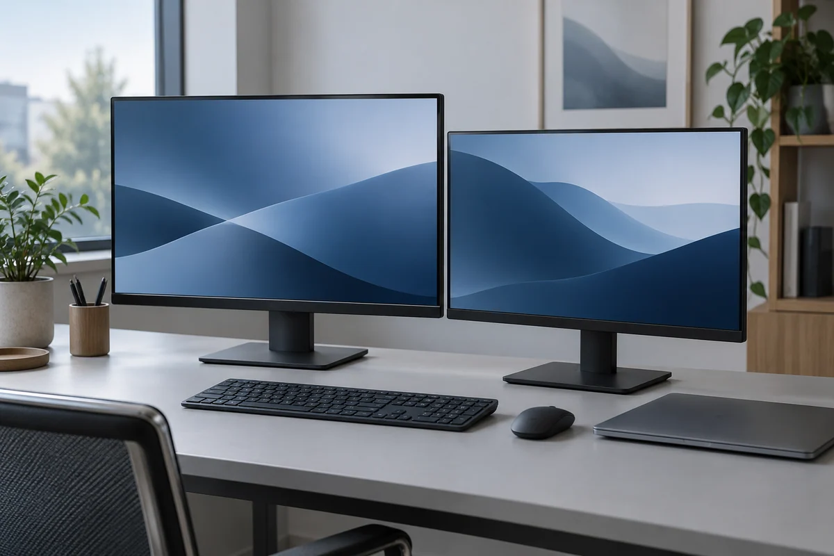 Two unbranded desktop monitors of different sizes on an orderly work desk.