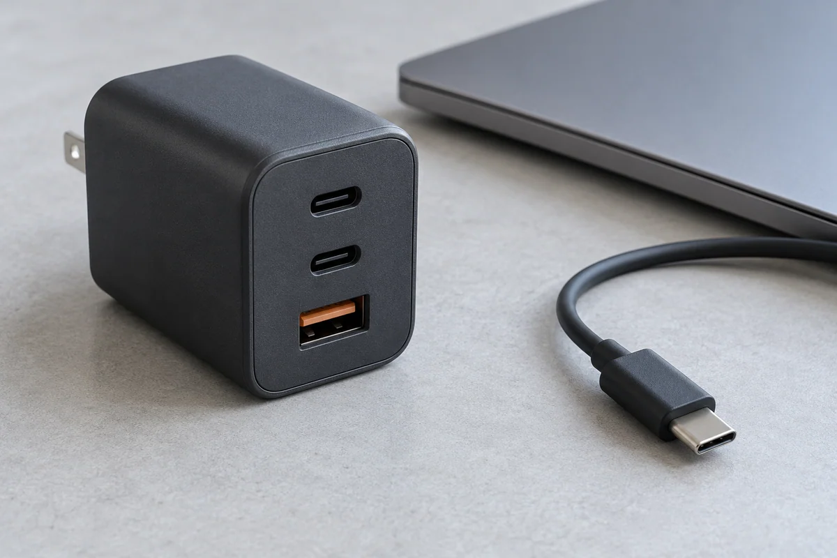An unbranded multiport charger with separate cables.