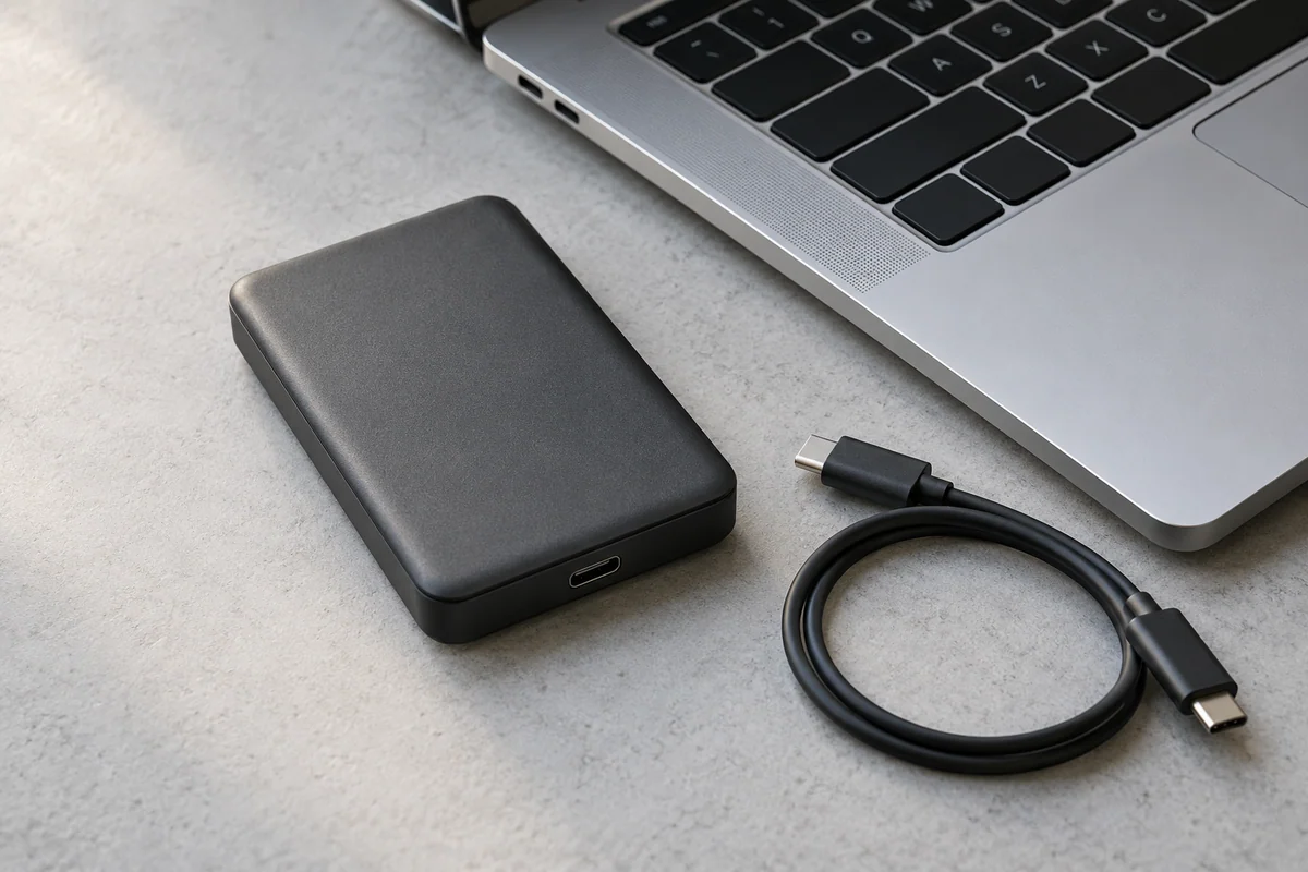An unbranded portable external drive with its cable beside a laptop.